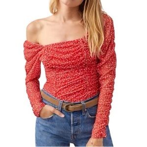Maeve by Anthropologie Red polka dot Ruched Sheer mesh Sleeve Top Size Medium